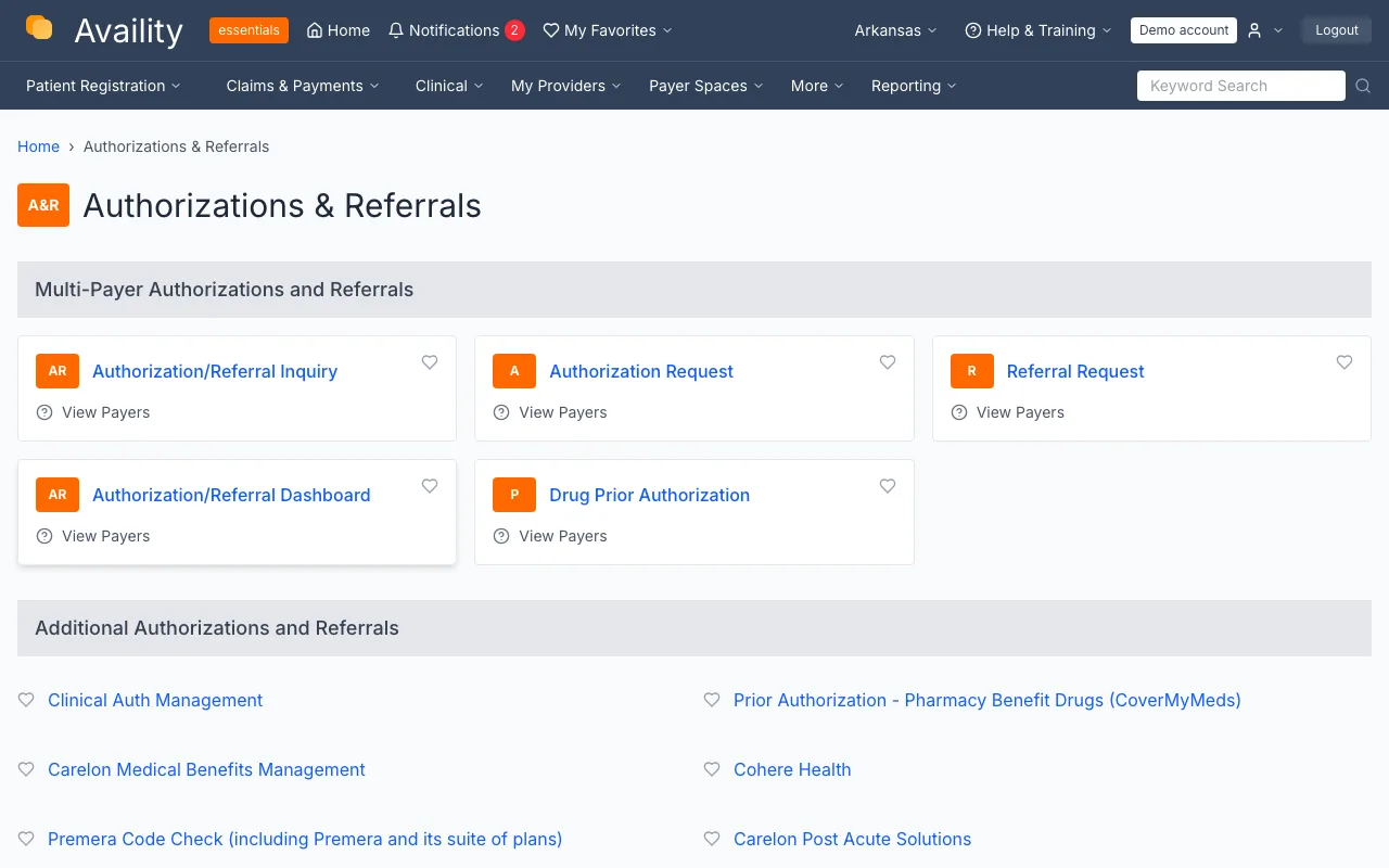 Authorizations and Referrals page of a demo payer portal, with an Authorization Request card