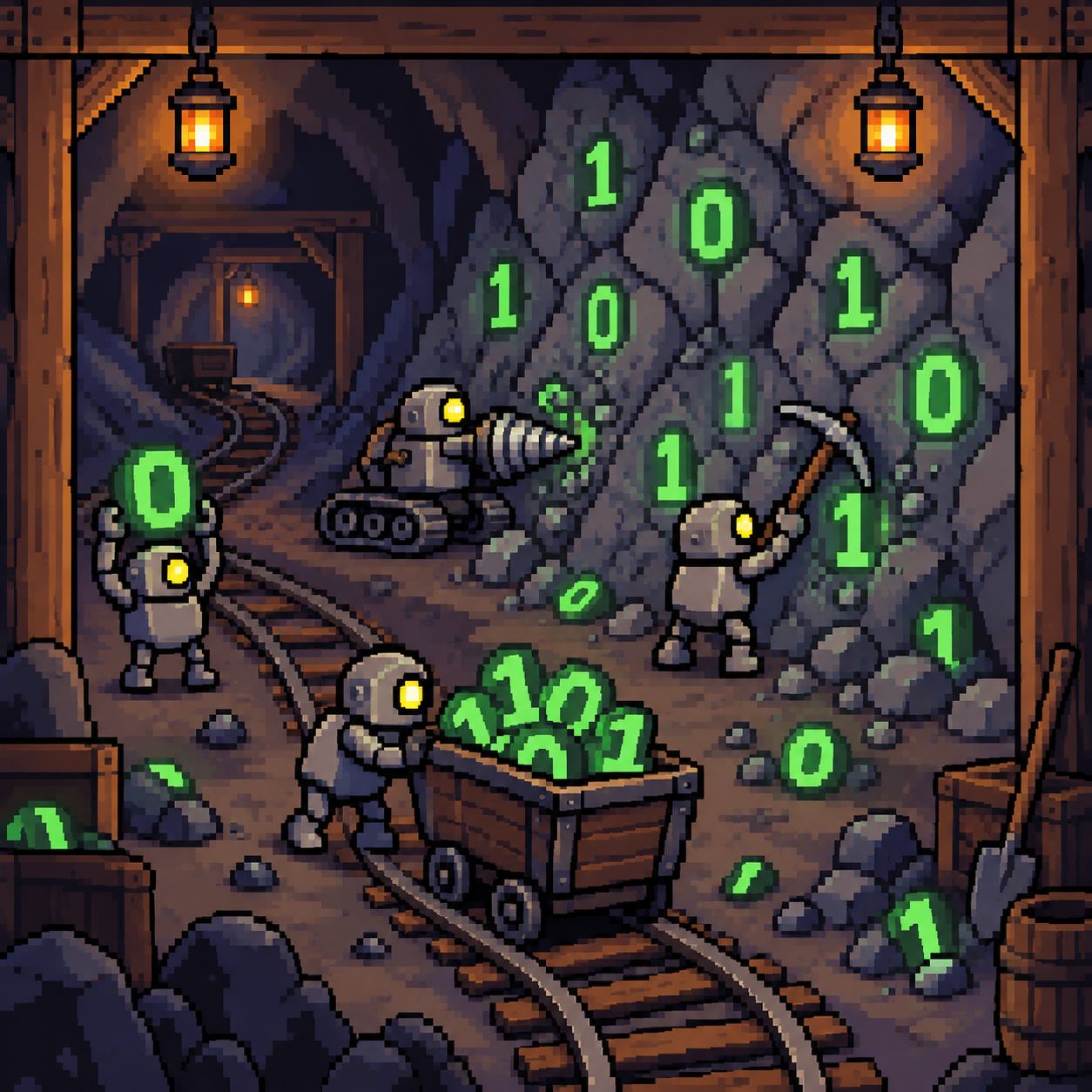 Pixel art illustration of robots mining glowing binary digits in an underground mine.
