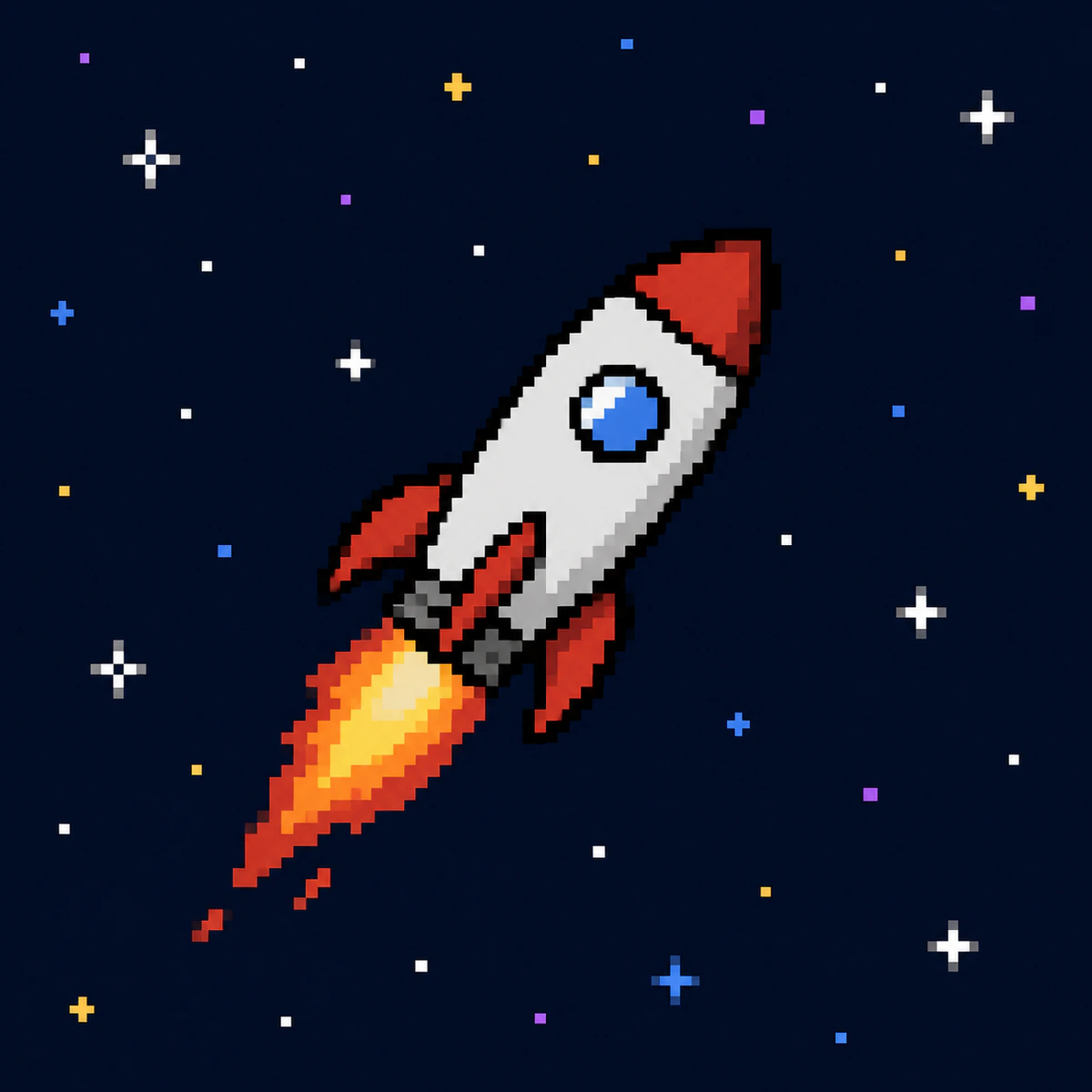 A pixel-art rocket launching through a dark, star-filled sky.