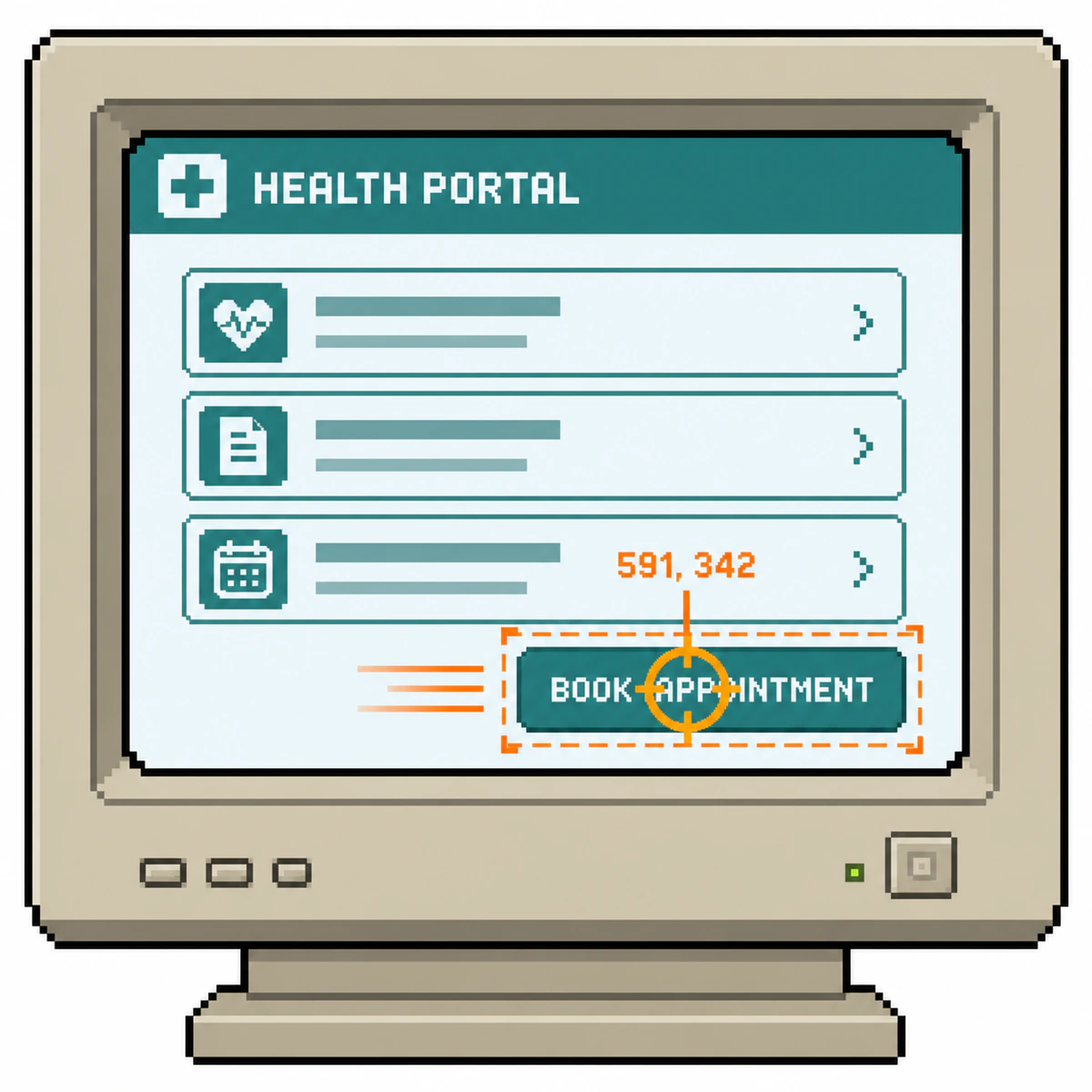 A pixel-art health portal displayed on a CRT monitor, with a targeting reticle over a booking button.