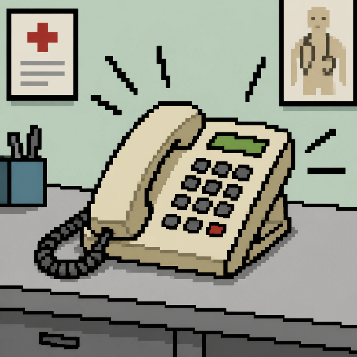 A pixel-art desk phone in a medical office, framed by a first-aid sign and a doctor portrait.