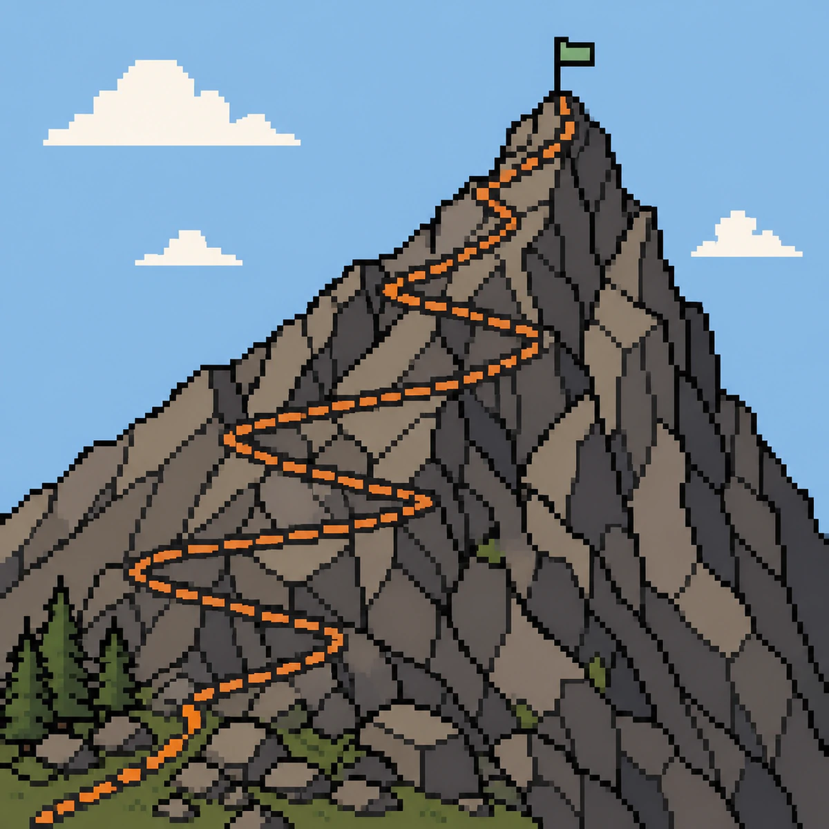 A pixel-art mountain with an orange switchback trail climbing to a green summit flag.
