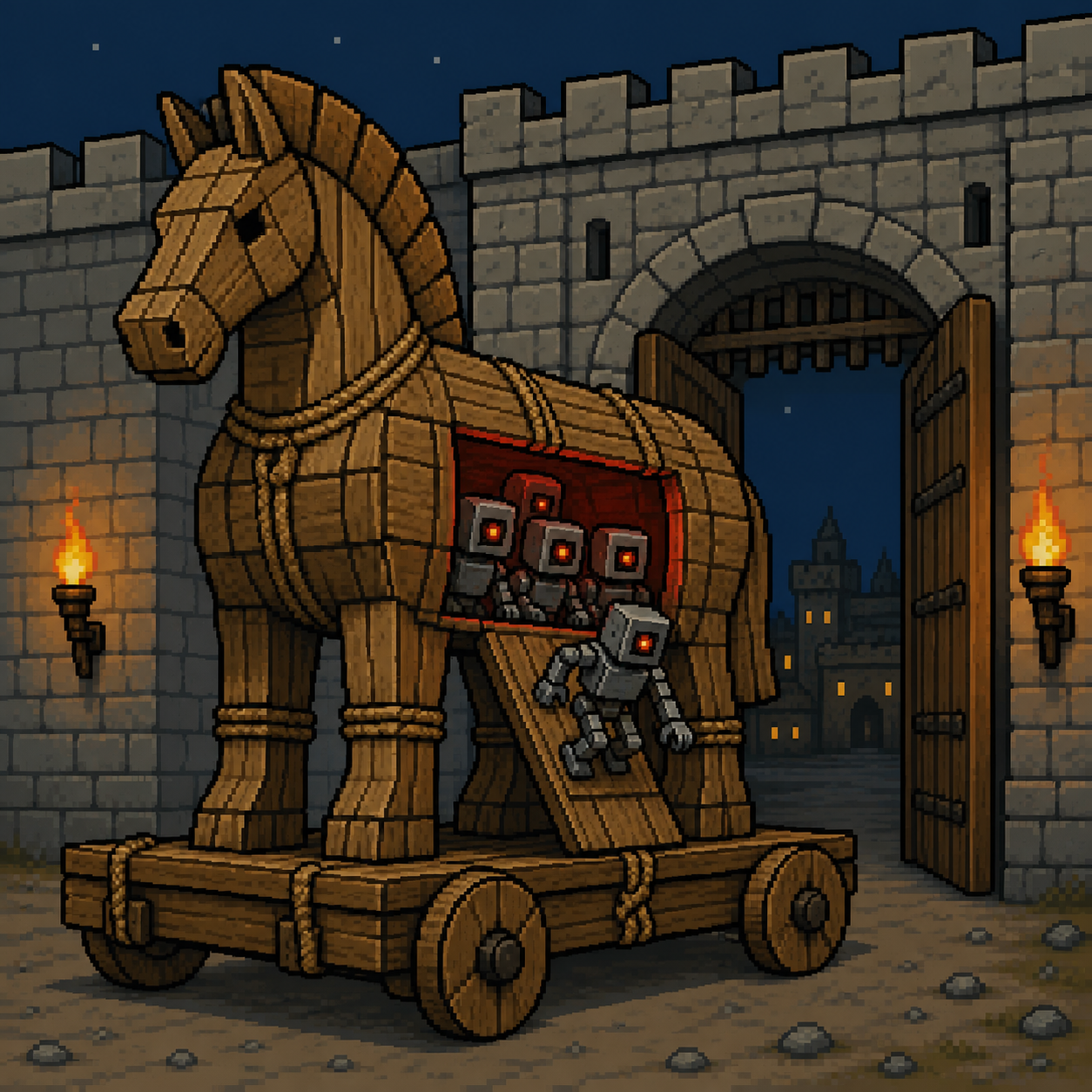 A pixel-art wooden Trojan horse releasing small robot agents through an open castle gate at night.