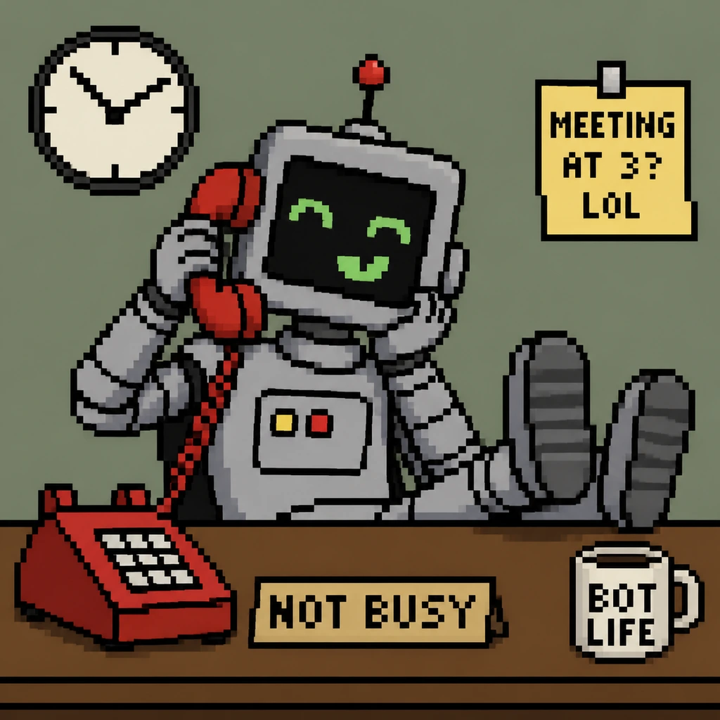 A pixel-art robot lounging at a desk with its feet up, holding a red telephone handset to its ear.