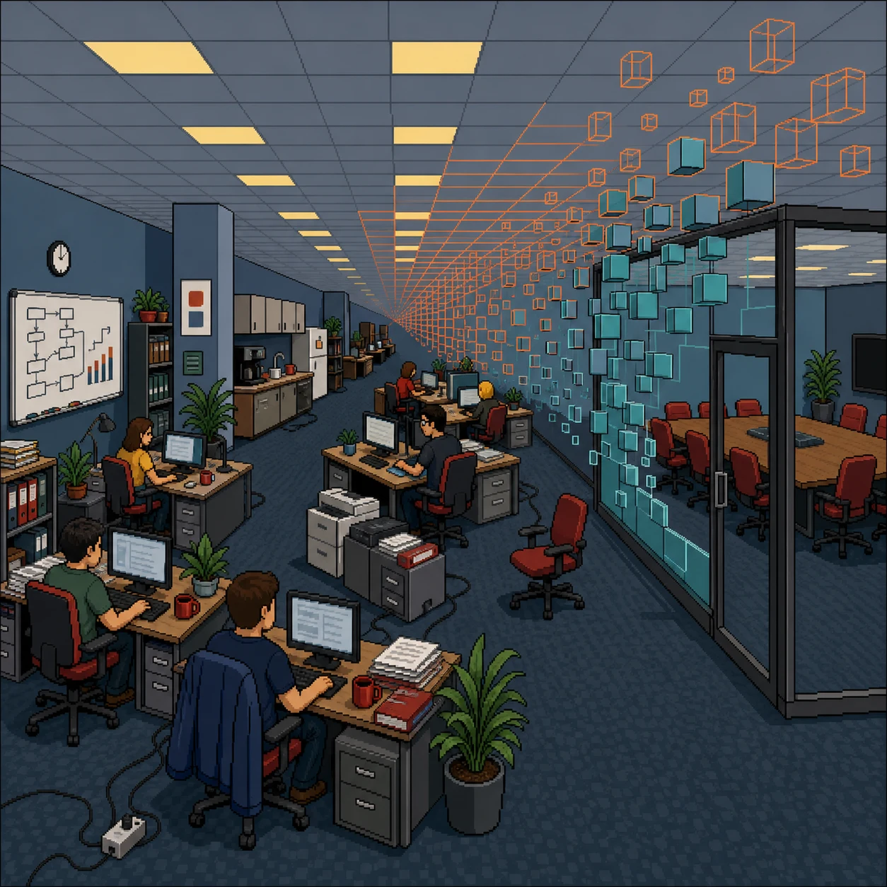 A pixel-art office where glowing data cubes flow through the workspace and across a glass conference room.
